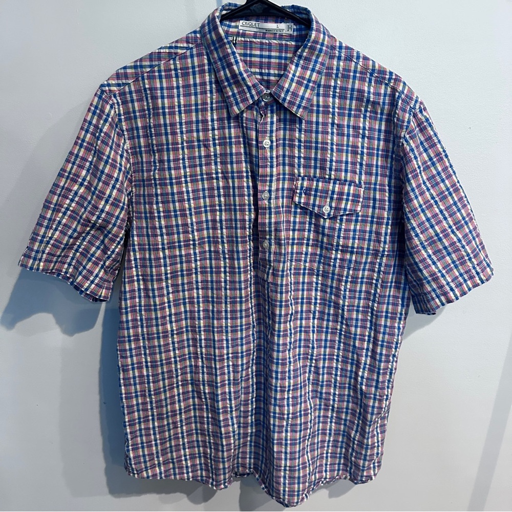 Criquet  Mens L plaid 1/4 Button Up short sleeve shirt#447